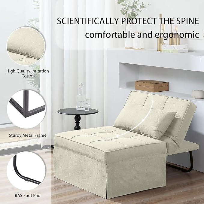 Sofa Bed, 4 in 1 Multi-Function Folding Ottoman Breathable Linen Couch Bed with Adjustable Backrest Modern Convertible Chair for Living Room Apartment Office, White - LeafyLoom