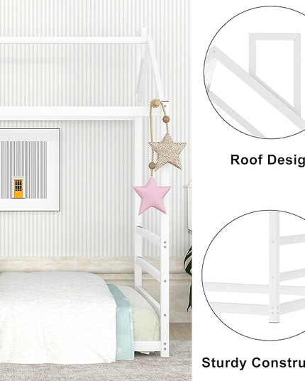Bellemave Twin Size Montessori Floor Bed for Kids,Floor Bed with Roof, House Bed for Boys Girls,Metal House Shape Platform Bed Twin,White - LeafyLoom
