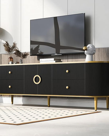 Merax Modern TV Stand for Televisions up to 80 Inches, Entertainment Center with 4 Drawers and 1 Cabinet, Wood Console Table with Metal Legs and Handles for Living Room, 70.9" Length, Black - LeafyLoom