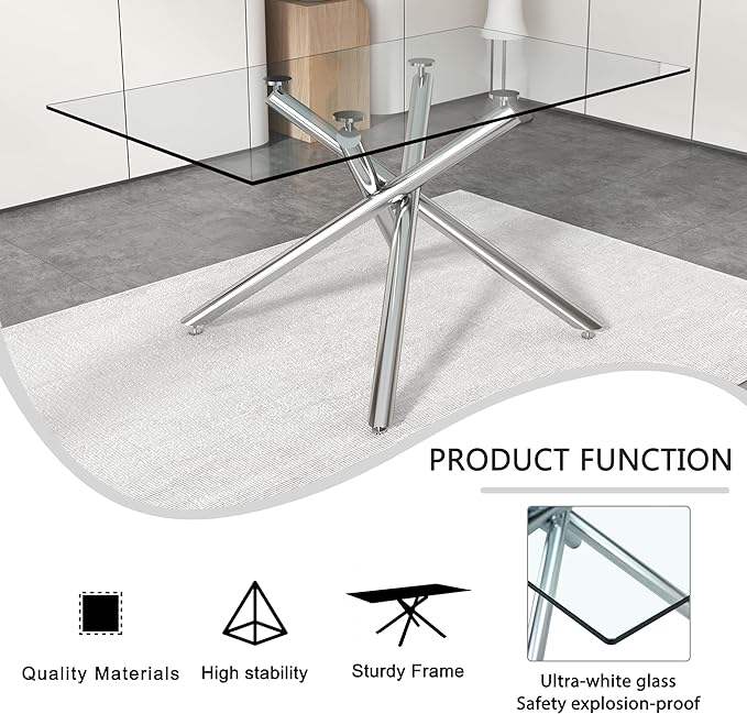 NicBex Large Modern Minimalist Rectangular Glass Dining Table for 6-8 with 0.39" Tempered Glass Tabletop and Silver Chrome Metal Legs for Kitchen Dining Living Meeting Room Banquet Hall, Silver - LeafyLoom