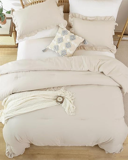 JANZAA Queen Size Comforter Beige Ruffle Comforter Set for Queen Bed 3PCS (1 Off White Comforter and 2 Pillowcases) Vintage Shabby Chic Bedding Soft Fluffy Bed Set for All Season - LeafyLoom