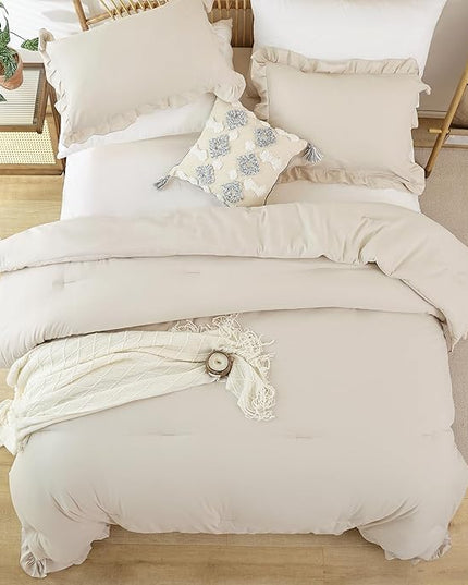 JANZAA King Size Comforter Set Beige Ruffle Comforter 3PCS Soft Fluffy Boho Comforter Vintage Farmhouse Bed Set Shabby Chic Bedding with 2 Pillowcases for All Season - LeafyLoom