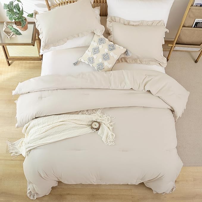 JANZAA King Size Comforter Set Beige Ruffle Comforter 3PCS Soft Fluffy Boho Comforter Vintage Farmhouse Bed Set Shabby Chic Bedding with 2 Pillowcases for All Season - LeafyLoom