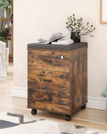 Soohow 3 Drawers Vertical Detachable Cushion Mobile Under Desk File Cabinet with Smart Lock/Casters,Rustic-Black, Large, Brown - LeafyLoom
