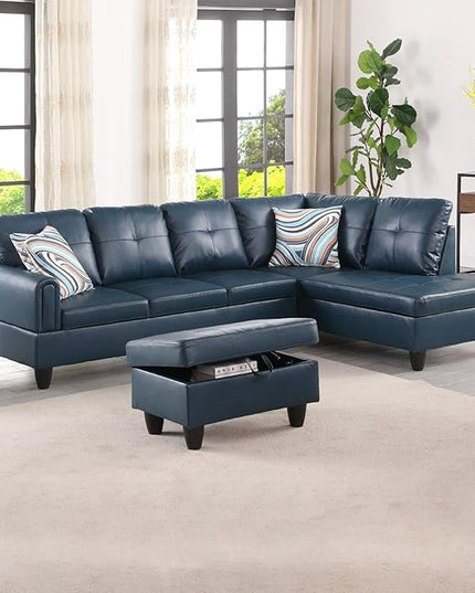 ROOMTEC Button 3 Piece L Shape Sectional Sofa Set, Upholstered Corner Couch with Storage Ottoman, Faux Leather Tufted Cushions, for Living Room, Apartment, 97inch, Denim w/Right Chaise Lounge - LeafyLoom