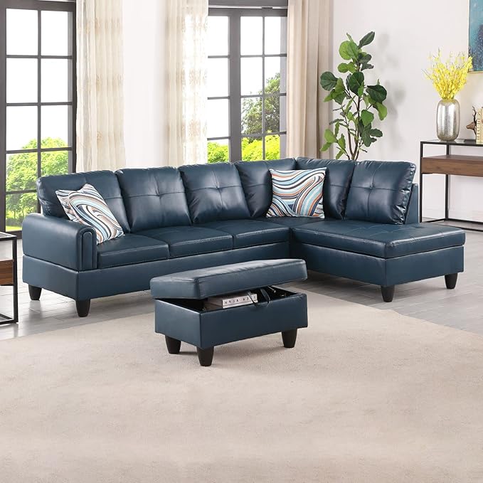 ROOMTEC Button 3 Piece L Shape Sectional Sofa Set, Upholstered Corner Couch with Storage Ottoman, Faux Leather Tufted Cushions, for Living Room, Apartment, 97inch, Denim w/Right Chaise Lounge - LeafyLoom