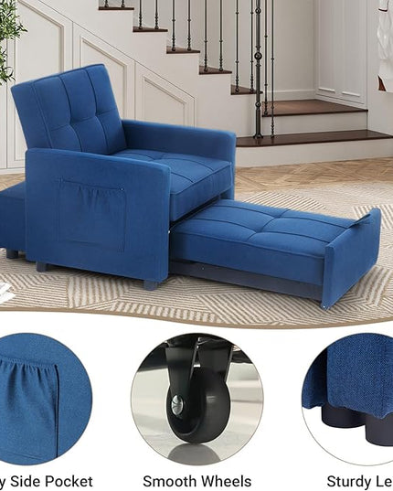4-in-1 Convertible Sleeper Sofa, Single Pull Out Couch Chair with 6-Level Adjust Backrest Loveseat with Storage and Pillows, Modern Recliner for Living Room Apartment Office, Blue - LeafyLoom