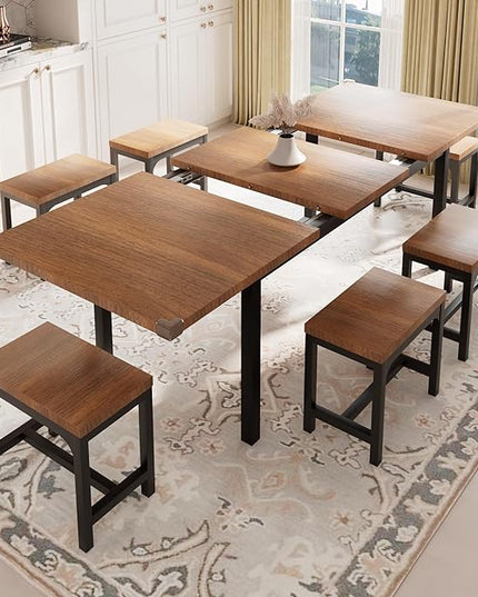 Feonase 7-Piece Dining Table Set with 6 Stools, 63" Large Extendable Kitchen Table Set for 4-8, Mid-Century Dining Room Table with Heavy-Duty Frame, Easy Assembly, Walnut - LeafyLoom