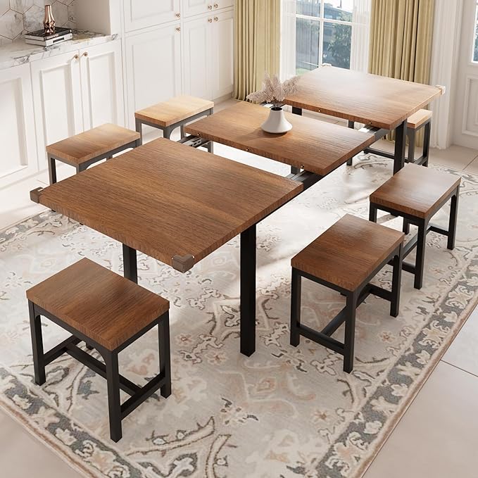 Feonase 7-Piece Dining Table Set with 6 Stools, 63" Large Extendable Kitchen Table Set for 4-8, Mid-Century Dining Room Table with Heavy-Duty Frame, Easy Assembly, Walnut - LeafyLoom