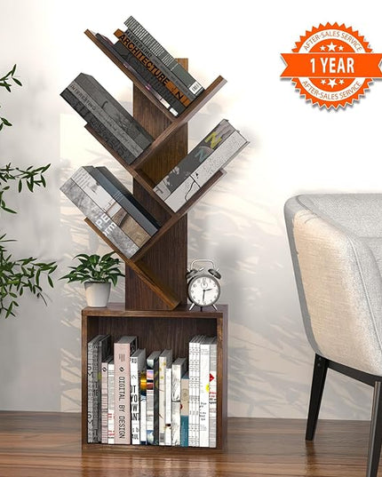 Ochine Tree Bookshelf, 5 Tier Small Bookcase with Large Drawer, Tall Wood Narrow Bookshelves Organizer for CDs/Movies/Books, Floor Standing Book Shelf for Bedroom, Living Room, Home Office - LeafyLoom