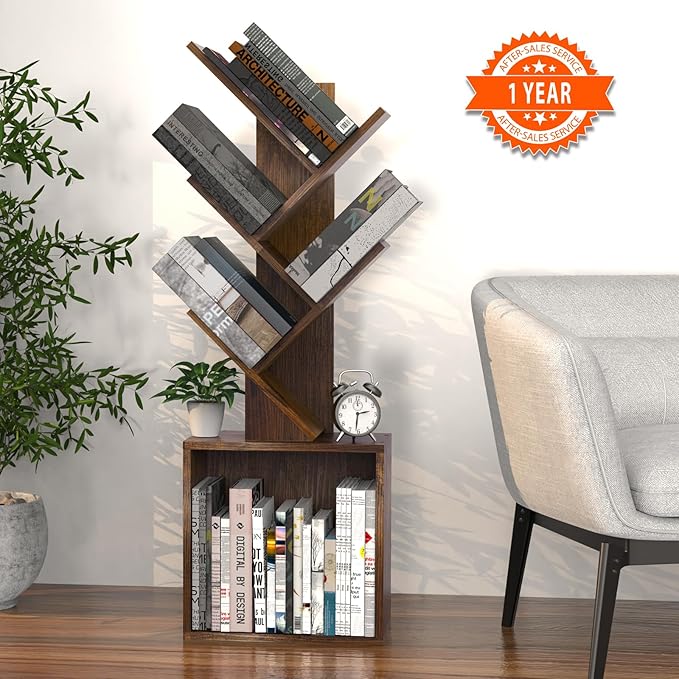 Ochine Tree Bookshelf, 5 Tier Small Bookcase with Large Drawer, Tall Wood Narrow Bookshelves Organizer for CDs/Movies/Books, Floor Standing Book Shelf for Bedroom, Living Room, Home Office - LeafyLoom