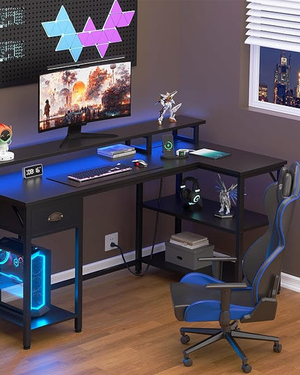 Shintenchi 50" L Shaped Computer Desk with 3-Tier Storage Shelves & Drawer, Reversible Gaming Desk with Monitor Stand & 32 Colors LED Lights, Modern Study Workstation for Home Office, Black - LeafyLoom