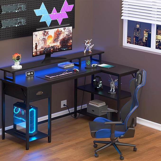 Shintenchi 50" L Shaped Computer Desk with 3-Tier Storage Shelves & Drawer, Reversible Gaming Desk with Monitor Stand & 32 Colors LED Lights, Modern Study Workstation for Home Office, Black - LeafyLoom