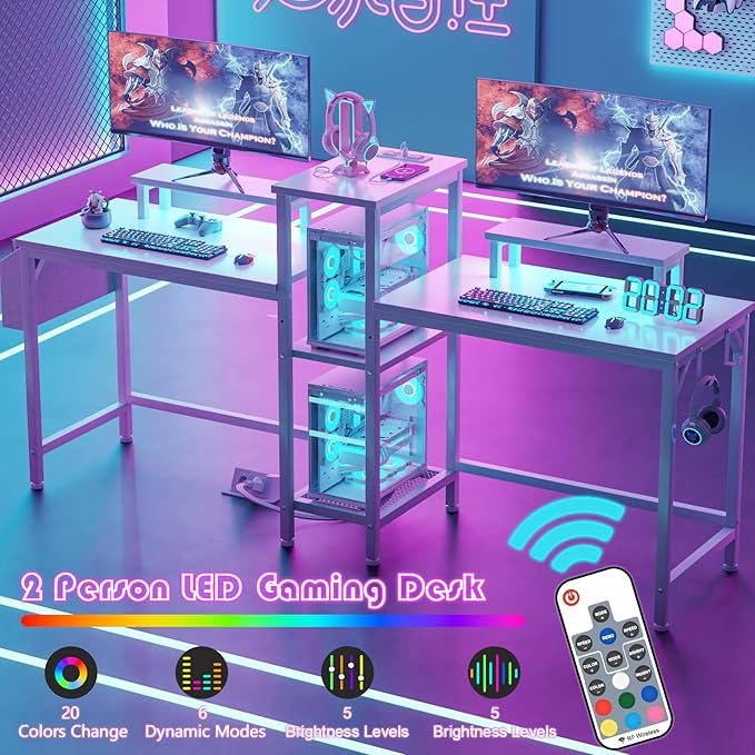 Furologee 2 Person Gaming Desk with LED Lights, 71 Inch Computer Desk with Power Outlets and Monitor Stand, Double Desk with Storage Bag and Headphone Hooks, Study Writing Table for Home Office, White - LeafyLoom