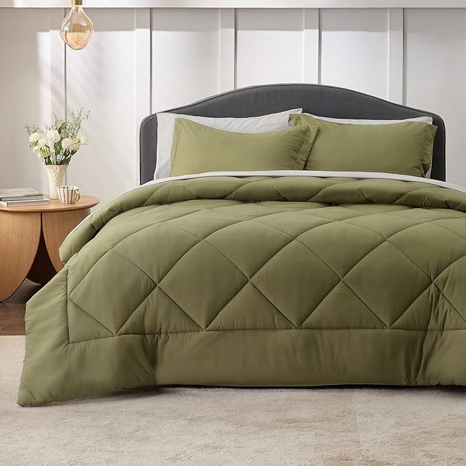 Bedsure Olive Green Queen Comforter Set - 7 Pieces Reversible Queen Bed in a Bag Queen Bed Set with Comforters, Sheets, Pillowcases & Shams, Queen Bedding Sets - LeafyLoom