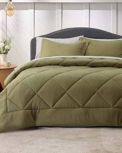 Bedsure Olive Green King Size Comforter Set - 7 Pieces Reversible King Bed in a Bag King Bed Set with Comforters, Sheets, Pillowcases & Shams, King Bedding Sets - LeafyLoom
