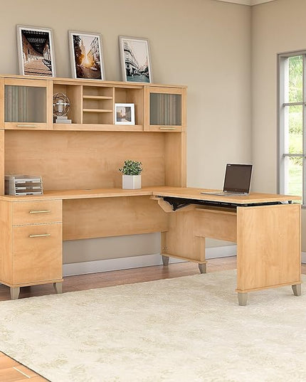 Bush Furniture Somerset 3 Position Sit to Stand L Shaped Desk with Hutch in Maple Cross Ergonomic Height Adjustable Standing Computer/Laptop Table for Home Office - LeafyLoom