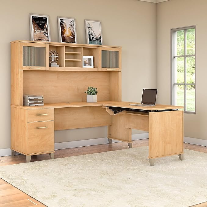 Bush Furniture Somerset 3 Position Sit to Stand L Shaped Desk with Hutch in Maple Cross Ergonomic Height Adjustable Standing Computer/Laptop Table for Home Office - LeafyLoom