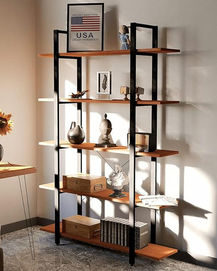 CONSDAN Industrial Bookshelf, USA Grown Hardwood, Real Wood Bookshelves, Modern Open Rustic Bookcase, Storage Shelf, Display Shelf, Poplar Solid Wood-5 Tier Shelf - LeafyLoom