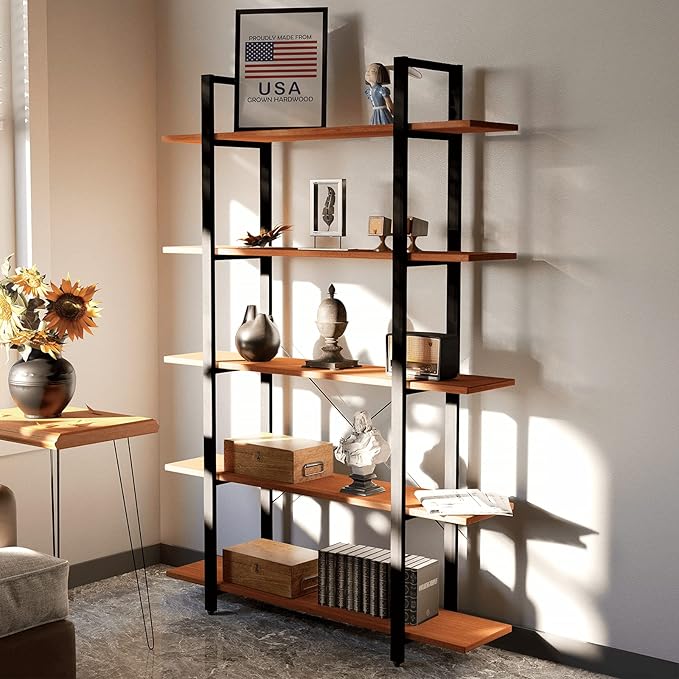 CONSDAN Industrial Bookshelf, USA Grown Hardwood, Real Wood Bookshelves, Modern Open Rustic Bookcase, Storage Shelf, Display Shelf, Poplar Solid Wood-5 Tier Shelf - LeafyLoom