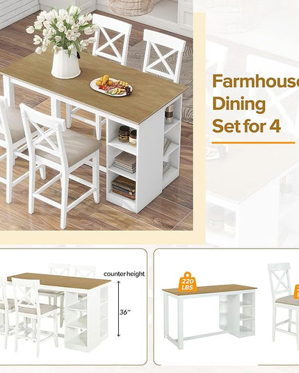 Merax Farmhouse Style Dining 3-Tier Storage Shelves 5-Piece Kitchen Set, Including Rectangular Wooden Linen Upholstered, 60" Counter Height Table+4 Chairs, White - LeafyLoom