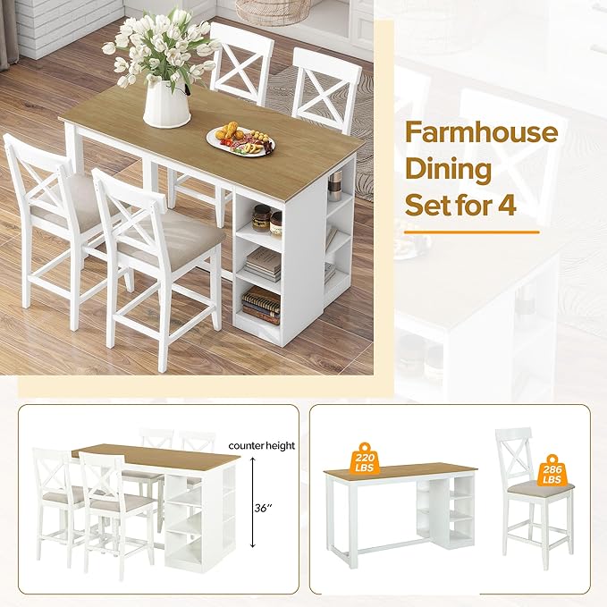 Merax Farmhouse Style Dining 3-Tier Storage Shelves 5-Piece Kitchen Set, Including Rectangular Wooden Linen Upholstered, 60" Counter Height Table+4 Chairs, White - LeafyLoom