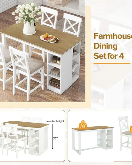 NicBex Dining Table for 4 Small Kitchen Table Set for 4 Solid Wood Farmhouse Counter Height Dining Table Set with 3-Tier Storage Shelves, Upholstered Dining Chairs for 4, Natural+White - LeafyLoom