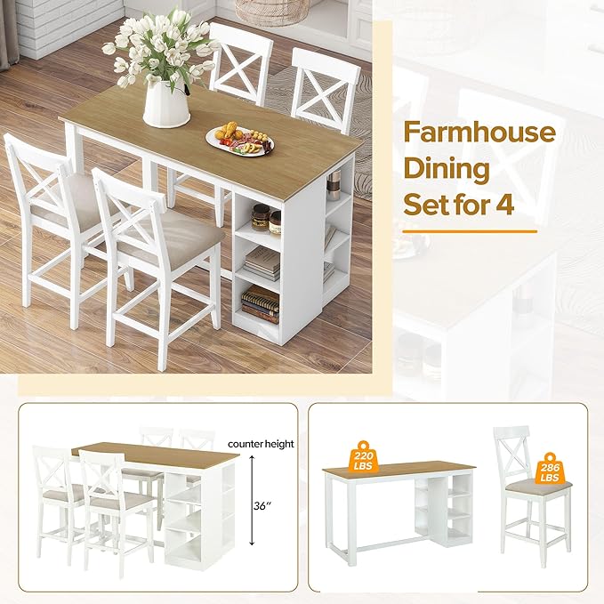 NicBex Dining Table for 4 Small Kitchen Table Set for 4 Solid Wood Farmhouse Counter Height Dining Table Set with 3-Tier Storage Shelves, Upholstered Dining Chairs for 4, Natural+White - LeafyLoom
