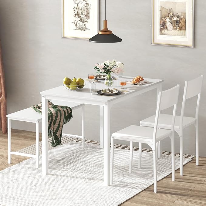 soges 4 Person Dining Table Set,43.3 inch Kitchen Table Set for 4,2 Chairs with Backrest,2-Person Bench with Storage, White Rack,Nesting Furniture Set for Dining Room and Restaurant, White - LeafyLoom