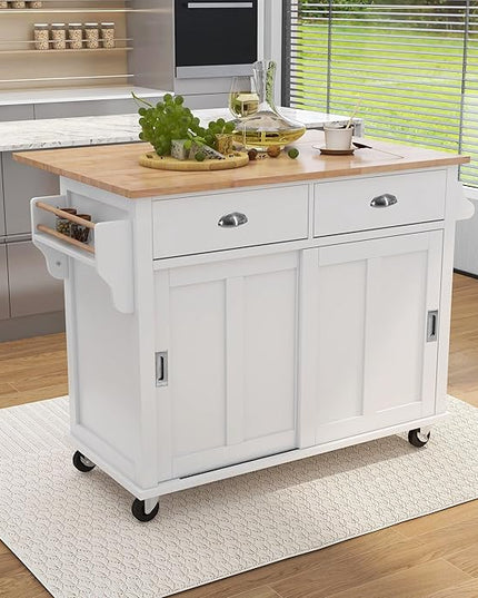 Kitchen Cart with Rubber Wood Drop-Leaf Countertop and Sliding Barn Door, Rolling Mobile Kitchens Island on Wheels w/Storage and Towel Rack for Dining Room Kitchen - LeafyLoom