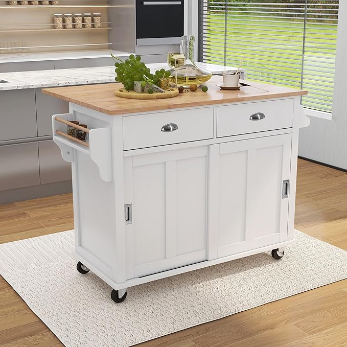 Kitchen Cart with Rubber Wood Drop-Leaf Countertop and Sliding Barn Door, Rolling Mobile Kitchens Island on Wheels w/Storage and Towel Rack for Dining Room Kitchen - LeafyLoom