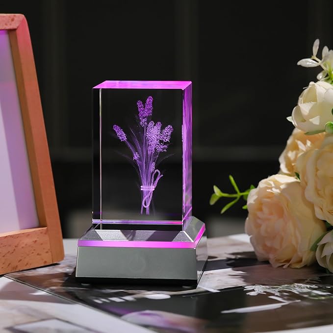 3D Crystal Lavender Gifts For Women - Lavender Flowers with Colorful Light Base Laser Engraved - Fake Flower Lavender Figurines Room Party Classroom Nature Decor Lavendar Statue Decorative Birthday De - LeafyLoom