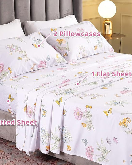 QSH Floral Queen Size Sheet Sets - Flower Butterfly Print Pattern Egyptian Cotton Printed Bedding Sheets Queen Size Bed Extra Soft and Breathable 4pcs Deep Pockets Bed Sheets - LeafyLoom