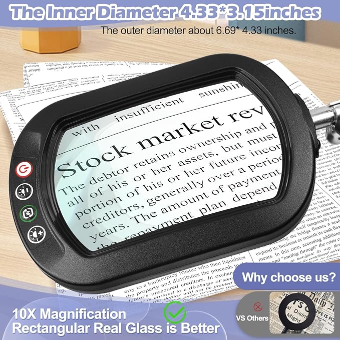 10X Square Magnifying Glass with Light and Stand, Real Glass LED Lighted Magnifier, 5 Color Modes Stepless Dimmable, Hands-Free Mag Desk Lamp with Clamp for Reading Craft Hobby Close Work - LeafyLoom