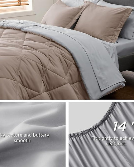 Bedsure Taupe California King Size Comforter Set - 7 Pieces Reversible California King Bed in a Bag King Bed Set with Comforters, Sheets, Pillowcases & Shams, California King Bedding Sets - LeafyLoom