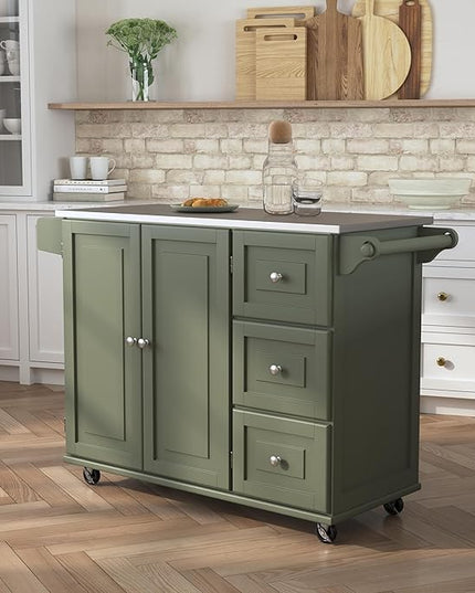 Homestyles Mobile Kitchen Island Cart with Stainless Steel Top, Sage Green - LeafyLoom