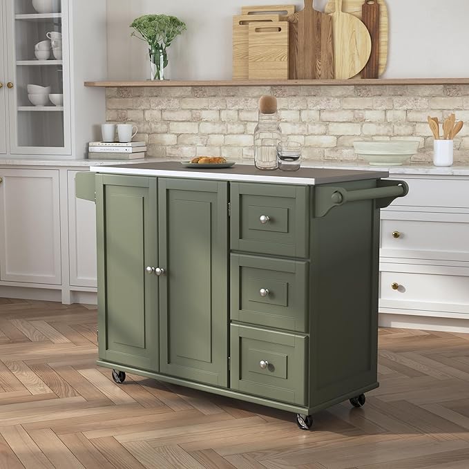Homestyles Mobile Kitchen Island Cart with Stainless Steel Top, Sage Green - LeafyLoom