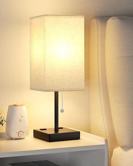 aooshine Beige Table Lamp for Bedroom - 3 Color Temperature 3000K 5000K 4000K Bedside Lamp, Pull Chain Control, USB A and C Ports, AC Outlets, Bulb Included, Medium - LeafyLoom