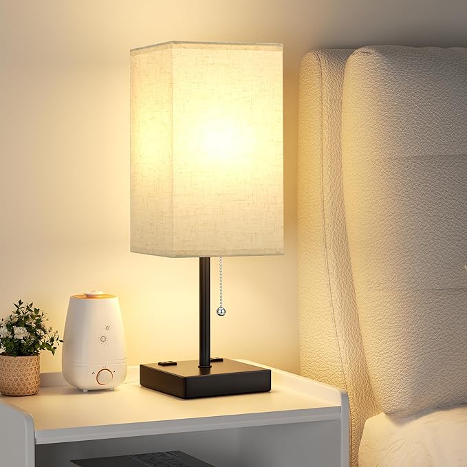 aooshine Beige Table Lamp for Bedroom - 3 Color Temperature 3000K 5000K 4000K Bedside Lamp, Pull Chain Control, USB A and C Ports, AC Outlets, Bulb Included, Medium - LeafyLoom