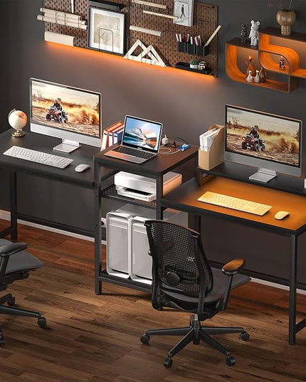 Unikito 2 Person Computer Desk with LED Light and Power Outlet, Double Gaming Desk, Large Workstation with Storage and Printer Stand, Long Desk, Office Work Desk with Shelf, Writing Study Table, Black - LeafyLoom