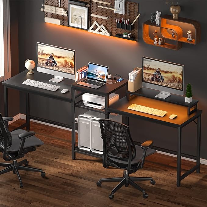 Unikito 2 Person Computer Desk with LED Light and Power Outlet, Double Gaming Desk, Large Workstation with Storage and Printer Stand, Long Desk, Office Work Desk with Shelf, Writing Study Table, Black - LeafyLoom