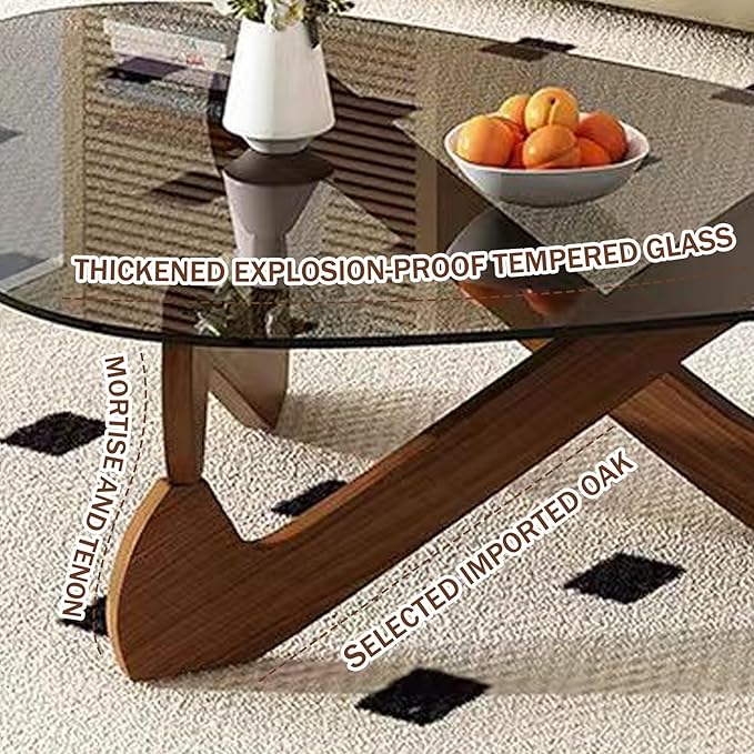 Triangle Coffee Table Glass Coffee Table for Living Room Clear Glass Coffee Table with Solid Wood Base Mid Century Modern Coffee Table for Small Spaces (Walnut-Brown, 44.9in) - LeafyLoom