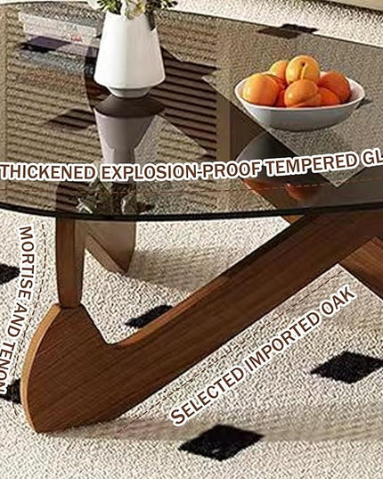 Triangle Coffee Table Glass Coffee Table for Living Room Clear Glass Coffee Table with Solid Wood Base Mid Century Modern Coffee Table for Small Spaces (Walnut-Brown, 32.3in) - LeafyLoom