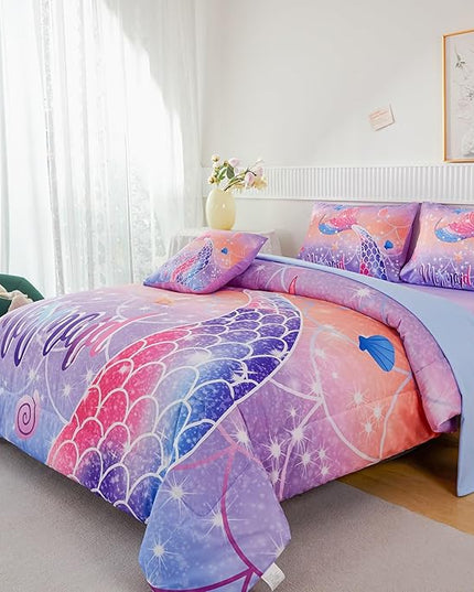 RYNGHIPY Full Bed in a Bag for Kids Teens Girls 6 Pieces, Soft Bedding for All Seasons, Cute Mermaid Tail Kids Bedding Set, Leightweight Girls Fluffy Bed Set - LeafyLoom