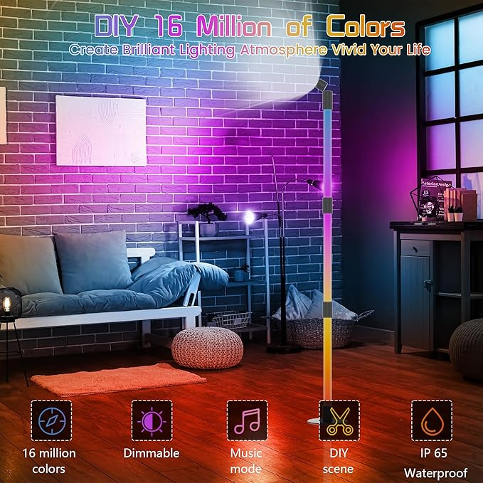 Music Sync Corner Floor Lamp with App/Remote Control, 53" RGB+IC+Warm White LED Corner Lamp for Reading, Gaming, LED Floor Lamp with Timer, Color Changing Corner Light for Bedroom - LeafyLoom