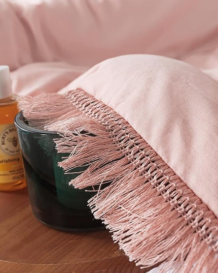 Andency Pink Comforter Set Full Size for Girls, Blush Boho Women Tassel Lightweight Bedding Comforter Sets, 3 Pieces All Season Soft Fluffy Fringe Bed Set (79x90In Comforter & 2 Pillowcases) - LeafyLoom