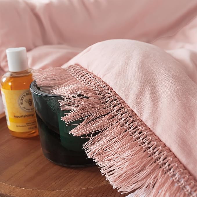 Andency Pink Comforter Set Full Size for Girls, Blush Boho Women Tassel Lightweight Bedding Comforter Sets, 3 Pieces All Season Soft Fluffy Fringe Bed Set (79x90In Comforter & 2 Pillowcases) - LeafyLoom