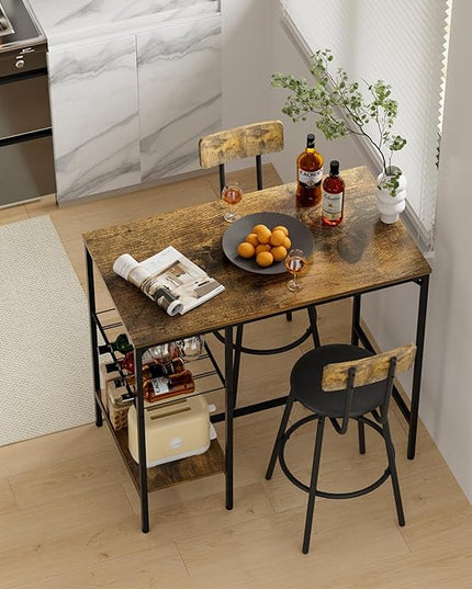 Bar Height Table and Chairs for 2, Compact Dining Table with 2 Tiers Storage Rack, Wine Rack and 2 PU Leather Upholstered Seat Stools, for Kitchen Breakfast, Small Space, Rustic Brown - LeafyLoom