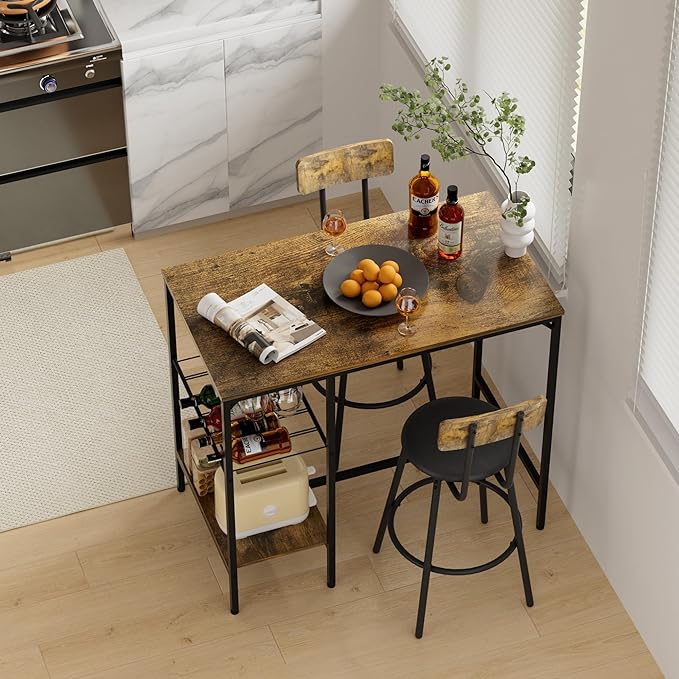 Bar Height Table and Chairs for 2, Compact Dining Table with 2 Tiers Storage Rack, Wine Rack and 2 PU Leather Upholstered Seat Stools, for Kitchen Breakfast, Small Space, Rustic Brown - LeafyLoom