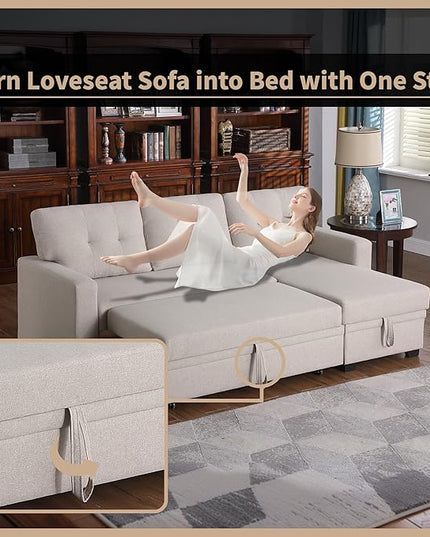 82 Inch Sectional Couch, L Shaped Convertible Sofa Chaise, Linen Reversible Upholstered Pull Out Bed, Storage Space for Living Room, Apartment and Office, Beige, 82inch - LeafyLoom